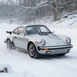 a silver 1 9 9 0 porsche 9 1 1 9 6 4 racing through the snow, artistic, photo, motion, 4 k, artstation