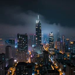 modern cityscape at night, low clouds, foggy, colorful lighting, dark atmosphere, dim volumetric lighting, 8 k octane render, hdr, postprocessing, hyperdetailed, intricate, epic composition, cinematic lighting, masterpiece, trending on artstation, by nathan walsh, by greg rutkowski