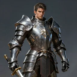 realistic portrait, 30 year old man :: athletic, metal armour, majestic, authority, sword :: high detail, digital art, RPG, concept art, illustration