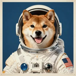 Shiba Inu Japanese cosmonaut portrait, Dog spacesuit, 60s poster, 1966 Japanese