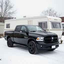 black dodge ram parked in the snow in front of a mobile home, by simon stalenhag
