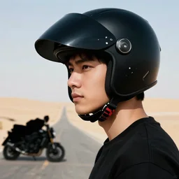 head and shoulder portrait photo of young man with a black modular helmet, standing on a desert road next to motorcycle, silhouette of mountains in background, sunset, golden hour, backlit, smooth volumetric light, octane, highly detailed masterpiece by hy money and atiba jefferson and lucas murnaghan
