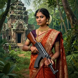 realistic sri lankan woman holding an ak 4 7 in a jungle next to ancient ruins, by camille corot, third - person, f / 2 2, kinemacolor, rim lights, insanely detailed and intricate, hypermaximalist, elegant, ornate, hyper realistic, super detailed,