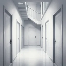 “a disorienting white hallway and stairwell with many doors, confusing, creepy, eerie, doors, stairs, strange dimension, anime style, detailed background, trending on artstation”