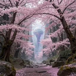 a sakura portal appears out of nowhere in waimea canyon, inside the portal is a gateway to an alien world, otherworldly visuals, visually stunning, divine, scifi, by james jean, ruan jia, ilya kuvshinov, martine johanna, peter mohrbacher