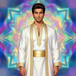 the emperor, olive skin, handsome persian parsi man, masculine exotic fairy king, holographic, kaleidoscope, psychedelic, fashion illustration, leyendecker menswear, parade magazine, cosmic energy by kelly mckernan, yoshitaka amano, gustav klimt, hiroshi yoshida, moebius, artgerm, bright pastel colors, william adolphe bouguereau, octane render, unreal engine 5, inspired by dnd, iridescent rainbow aesthetic, 4 k, anime, manga, digital art, artstation, wlop, trending on artstation