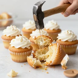 cupcakes smashed by hammer, smooshed cupcakes, hammer crushing cupcakes