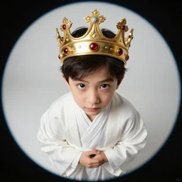 tiny King wearing oversized robes and oversized crown stares smugly at camera, high angle, fisheye lens