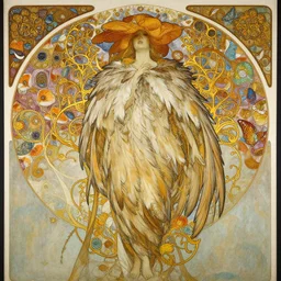 a beautifull intricate painting of a disembodied soul wearing a feathered cloak surrounded by thin ornate golden tendrils, flowers, butterflies, fractals, flying silk, vivid colors, artstation, by jeremy mann, by alphonse mucha,