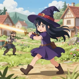 Digital anime art by WLOP and Mobius, Village at noon, A cute sorceress fights with magic, wide legged stance, determined expression, burning corpses of demons, highly detailed, intriguing lighting