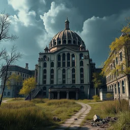 a beautiful photorealistic rendering of urbex abandoned building architecture unfinished building synagogue city industrial architecture nature by jan van goyen, fantasy nightsky meadow bladerunner 2 0 4 9 atlantis, archdaily, wallpaper, highly detailed, trending on artstation.