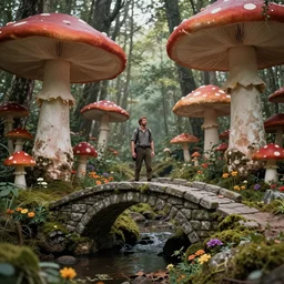 adventurer ( ( ( ( ( 1 9 5 0 s retro future stone bridge in a forrest of giant mushrooms, moss and flowers s. muted colors. ) ) ) ) ) by jean baptiste monge!!!!!!!!!!!!!!!!!!!!!!!!! chrome red