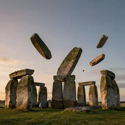 stonehenge lintels hovering high in the air, chaotic, dynamic, dusk, concept art