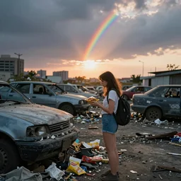 wide photo of young woman beauty in mini short with backpack looking at food at garbage dump, destroyed cars, city is pure wasteland, moody sunset background, rays of sunlights, ( ( ( rainbow ) ) ), high details, sharp, photorealism, greg rutkowski, artgerm, shot with hasselblad, highly detailed