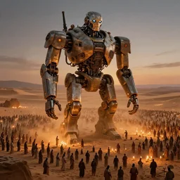 hundreds of slaves building a giant monumental robot in the middle of the desert, lit by candles, digital painting, artstation, concept art, craig mullins, breathtaking, 8 k resolution, extremely detailed, beautiful, establishing shot, artistic, hyperrealistic, octane render, cinematic lighting, dramatic lighting, masterpiece, light brazen, extremely detailed and beautiful face