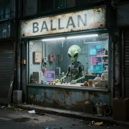 a photo of a dirty alien shop, futuristic, holographic, 8k, sharp focus, Fujifilm