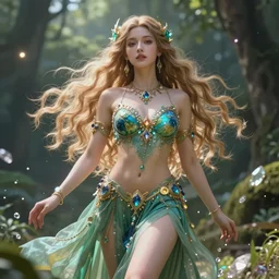 a beautiful female human god of earth character, character is in all its glory, character is centered on the image, character is staying in natural pose, rim lights, highly detailed professional photo, dynamic lights, particles and crystals are flying, very deep depth of field, trending on artstation, illustration, hyper realistic, vray caustics, super detailed, colorful accents, cinematic shot