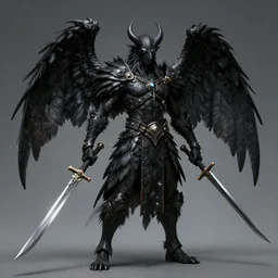 black crow demon by beksinski, with 2 black wings as arms, wearing black feather covered tribal armor, wielding dual scimitar, full body concept, sharp focus, hyperdetail, by beksinski, ruan jia, dark soul concept art, trending on artstation