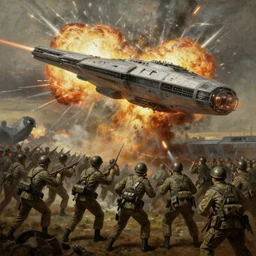 a military army fighting a spaceship with explosions, realistic painting, classical painting, high definition, digital art, matte painting, very detailed, realistic