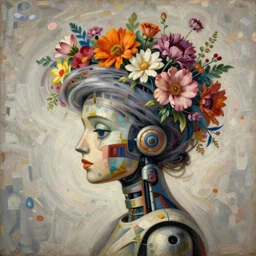 Louis Icart, an old elaborate painting of an abstract robot tornado made entirely out of flowers coming out of her head, highly detailed, masterpiece - H 704