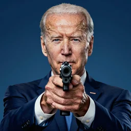 propaganda poster of joe biden pointing gun directly at camera in james bond movie, closeup of gun, visible barrel and grip by j. c. leyendecker, bosch, lisa frank, jon mcnaughton, and beksinski
