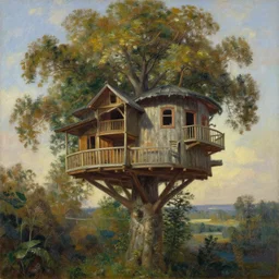 A massive treehouse, oil on canvas, highly detailed, by Ivan Shishkin and Aivazovsky