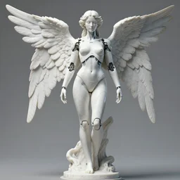 a statue made of white marble of an gorgeous futuristic cybernetic angel girl, prostheses, transhumanism, cyborg implants, full body shot, perfect symmetrical body, perfect symmetrical face, hyper realistic, hyper detailed, by johannen voss, by peter kemp, by monia merlo, by michelangelo, octane render, blender, 8 k