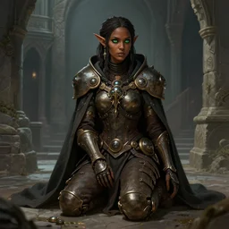 portrait of a steampunk geomancer in the stone palace, female, pretty, tech robes, cloak, dark skin, green eyes, elf, sitting on bent knees, high fantasy, detailed face, highly detailed, digital illustration, by rossdraws
