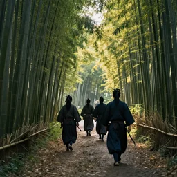 samurais walking on a trail, bamboos on the left and right of the trail, afternoon, concept art