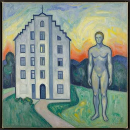 artwork of a building and humanoid in a nice scenery in the style of wassily kadinsky,