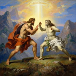 an amazing realistic painting of cain and abel fighting on the edge of a cliff with a divine light in the sky, majestic mountains in the background, painting by roberto ferri, amazing detail, beautiful art, smooth, elegant, intricate, vibrant, colorful