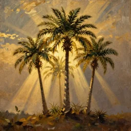 still life painting of very tiny palm trees by pieter claesz, oil on canvas, strong lighting, highly detailed, hyper realism, golden hour, god rays, hd, 4 k