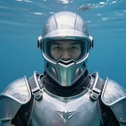 Underwater photo of a stylish person in metal armor by Trent Parke, staring at a camera through a visor, close up, huge bubbles, metallic patterns, clean, detailed