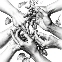 highly detailed beautiful black and white photography of hands, gesture, branches and leaves, sharp focus dynamic lighting, elegant harmony, beauty, masterpiece, art by durero, by riccardo federici, by james jean, by craig mullins, by greg tocchini, by greg rutkowski, by alphonse musha, illustration, ink draw, pen,