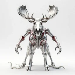 stylized shiny polished silver statue full body extra limbs bizarre cosmic horror quadruped animal moose deer skull four legs made of marble of slug creature tendrils, perfect symmetrical body, perfect symmetrical face, hyper realistic, hyper detailed, by johannen voss, by michelangelo, octane render, blender, 8 k, displayed in pure white studio room medical render red veins