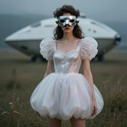 a fashion photography portrait of a female model wearing an outfit inspired by retro sci-fi spaceships, 1980s fashion, futuristic masquerade friendly mask, bubbly dress, standing in a field, moody atmosphere,bokeh, vogue fashion shoot, hyperrealistic, detailed