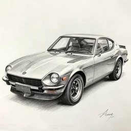 detailed pencil sketch of a 1970 Datsun 240Z car