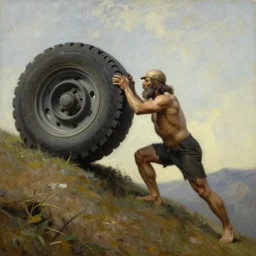 sisyphus struggling to roll a bus wheel up a hill, oil painting