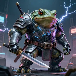 a wide shot, photo of a huge wide humanoid toad-man with a katana, in a heavy futuristic armour without a helmet, toad head, cyberpunk, Japanese style, hyper realistic, hyper detailed, sharpened, coherent picture, volumetric lightning, neon, electric colours, Filmic, Cinematic, Dramatic, Film Grain, Kodak Portra, Depth of Field, 15 mm octane render, 4k, raytracing, blender