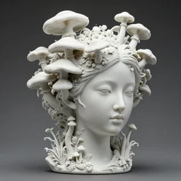 porcelain head of a woman, 3 d octane render, fashion photography, high resolution, fine details, the head is covered in ornate 3 d white mushrooms, fungus, and weeds, by daniel arsham and james jean and tim winton