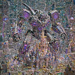 giant robot with purple lights destroying a mini fantasy castle, professional photo, hdr, bokeh, sci fi, tiny castle, fantasy, small world, miniature