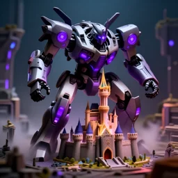 giant robot with purple lights destroying a mini fantasy castle, professional photo, hdr, bokeh, sci fi, tiny castle, fantasy, small world, miniature