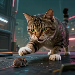 a huge cat pet catches a mouse, by ryden, in cyberpunk, vfx, 4 k ultra high resolution, long camera shot