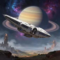 giant angular landing craft landing on an alien planet, sci - fi, huge saturn with rings in the background, vibrant nebula, strange rock formations, rolling hills, atmospheric, misty, artstation, deviantart