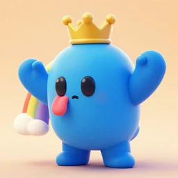 blue rainbow friends from roblox with crown, drooling, one button eye, puffy, hunched over, both arms raised