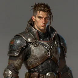 Portrait of a man by Greg Rutkowski, a young, strong and hard-eyed futuristic warrior with brown hair with dreadlocks, wearing a futuristic tactical gear that looks like a mix between the samurai, viking and templar aesthetics, mix between tribal and hi-tech, highly detailed portrait, scifi, space opera, digital painting, artstation, concept art, smooth, sharp foccus ilustration, Artstation HQ