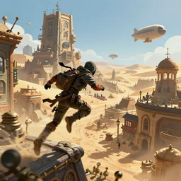 Thief running and jumping on the rooftops of a bustling steampunk city in the desert with a towering building made of scraps seen in the distance, airships, bright sunny day, digital painting, highly detailed, dynamic, concept art, game art, artstation