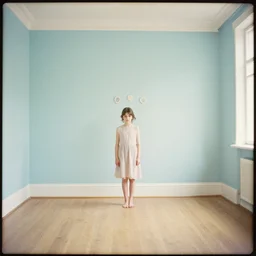 a lonely girl in an empty room, colored daguerreotype, by Mackintosh, bright pastel colors,