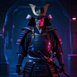 a japanese samurai, realistic, japanese, cool, neon, star wars, ambience, detailed, dark, shadowy, stargate