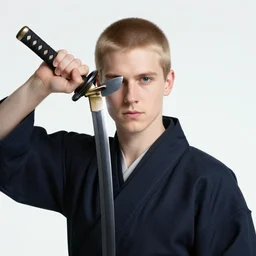 portrait of a young white hero using his right arm to grip a katana that is covering his eye illustrated by yoji shinkawa, high quality, english man, extra details, realism, ornate, colored, golden chain, blood, white skin, short hair, brown eyes, vivid, sunlight, red headband, black eyepatch, white american soldier, painting, cybernetics, military